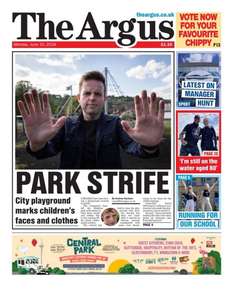 cllr mcgregor front page argus reporting on middle park playground flooring issues in whitehawk